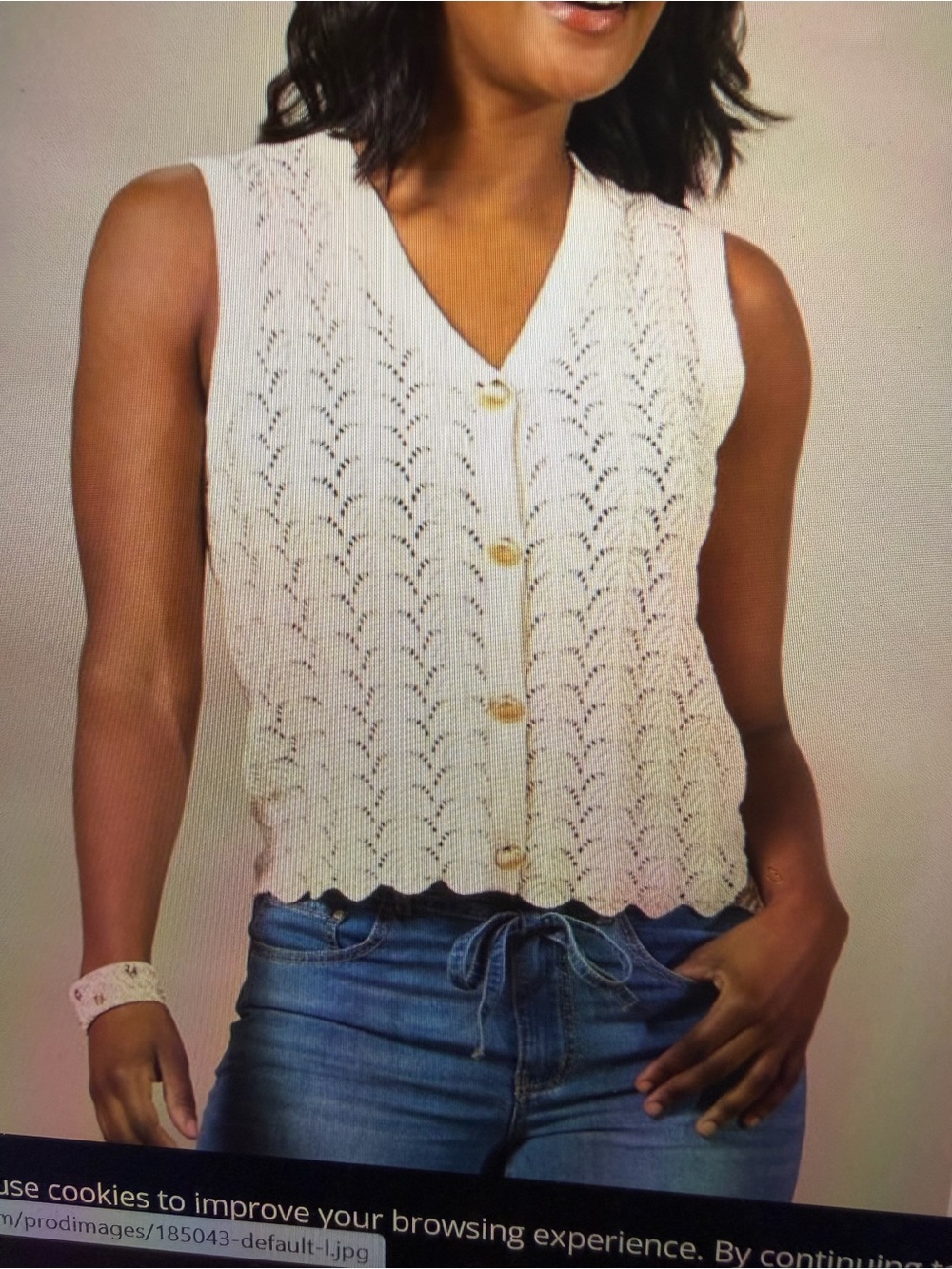 Women's Cream Crochet Gold Shell Button Front Vest. New in bag with tags